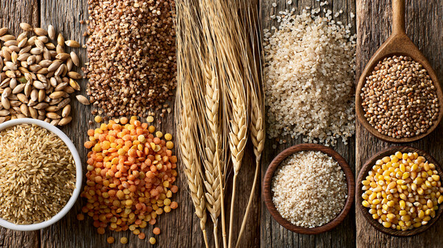 A vibrant array of various grains and seeds displayed on a rustic wooden surface, showcasing natural textures and colors, perfect for food lovers and nutrition enthusiasts.