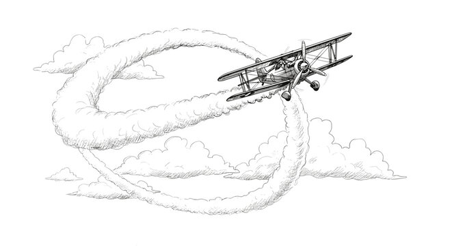 Biplane flying through clouds with smoke trail welcome vector