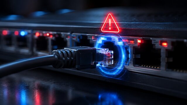 Server Router Network Cable With Red Warning Alert For Connection Failure Or Data Breach