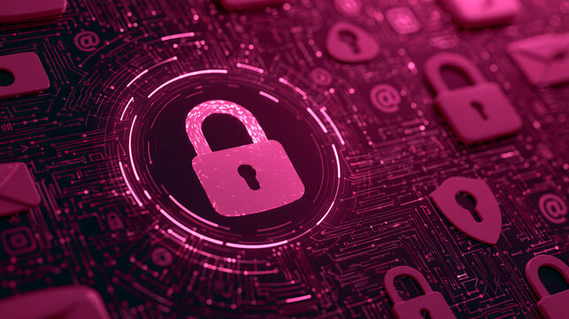 A vibrant digital background showcasing a padlock icon surrounded by various data symbols, epitomizing cybersecurity and protection in a modern, tech-driven world.