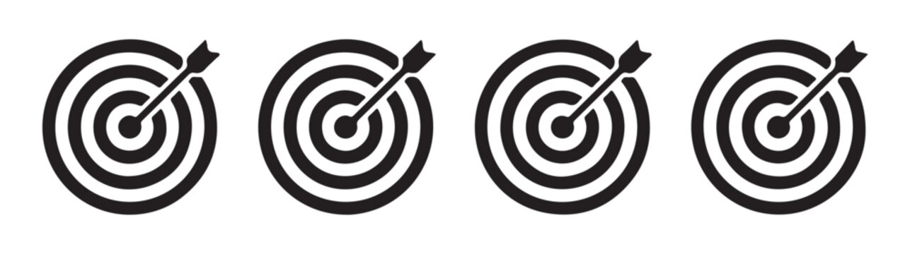 Targeting icons set with arrow hitting the center bullseye representing business goals and success.