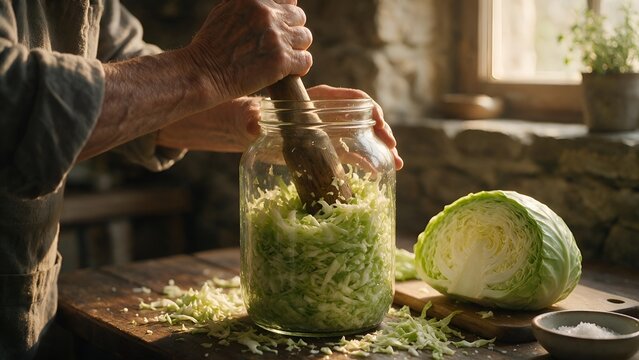 Senior hands using a wooden muddler to press shredded green cabbage into a glass jar for fermentation within a rustic kitchen filled with warm light