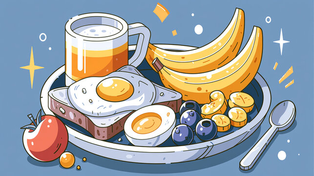 A vibrant illustration of a delicious breakfast spread, featuring eggs, toast, fruits, and a refreshing beverage, perfect for showcasing morning meal ideas and healthy eating.