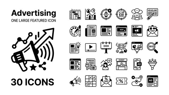 Advertising Icons Set: A comprehensive collection of 30 vector icons representing various aspects of advertising, marketing, and promotion, presented in a clean, modern black and white style.