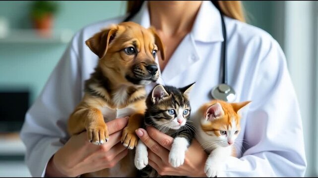 A woman holds three kittens and a dog, showing her love and care for them
