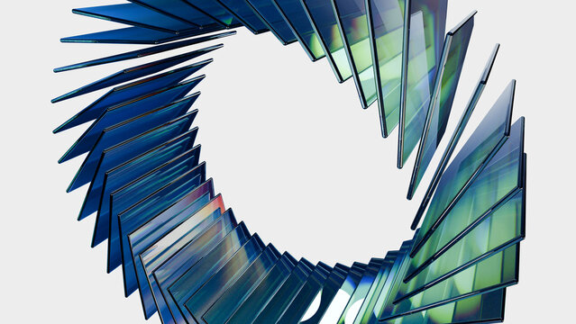 Glass spiral panel blue green abstract architecture forms circular modern pattern with translucent geometric shape