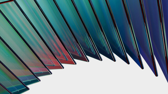 Glass panel abstract transparent blue green diagonal geometric pattern with layered edge on clean white background