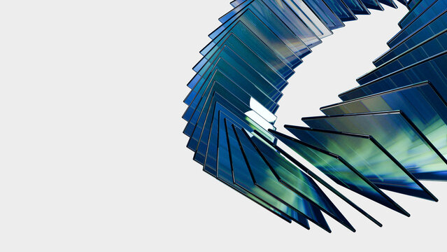 Abstract glass spiral blue architecture geometric panel curve with translucent modern structure on white background