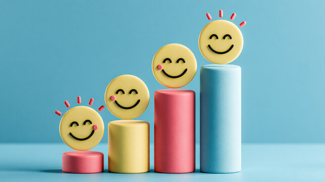 Colorful smiley faces atop bar graphs symbolize happiness and positive growth