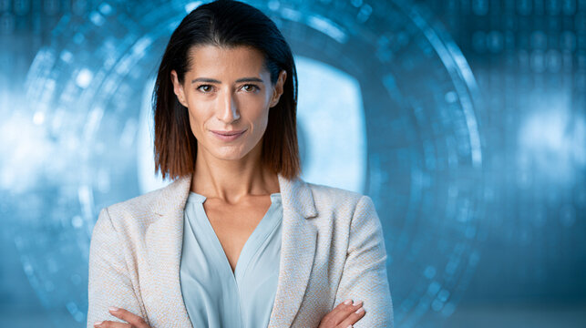 Confident businesswoman standing with arms crossed, showcasing determination and professionalism in a modern office environment with a digital background.