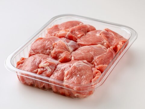 Fresh raw turkey thigh meat in a clear plastic tray ready for cooking