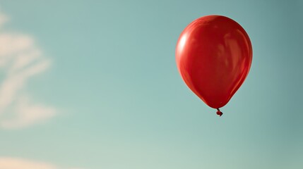 Obraz premium Bright red balloon floats serenely against a pale blue, cloudy sky