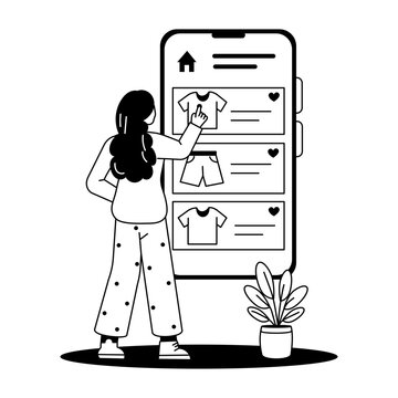 A shopper stands beside a large mobile screen showing saved fashion products, illustrating wishlist browsing, favorite items, and online shopping.