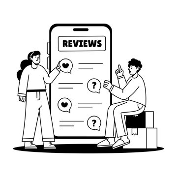 Two shoppers discuss comments beside a large review screen filled with ratings, illustrating customer feedback, ecommerce opinions, and product reviews.