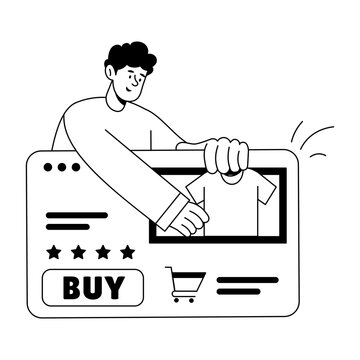 A shopper sits beside a large online store screen with a buy button and product image, illustrating ecommerce checkout and digital product purchasing.