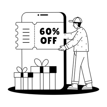 A shopper holds a large percentage discount voucher beside gift boxes, illustrating ecommerce savings, promotional offers, and shopping discounts.