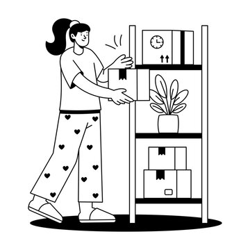 A worker carries a box beside warehouse shelving with parcels and a plant, illustrating ecommerce inventory handling, storage, and stock management.