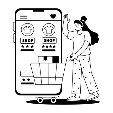 A woman pushes a cart beside a large mobile shopping interface with products and app icons, illustrating digital retail browsing and mobile ecommerce.
