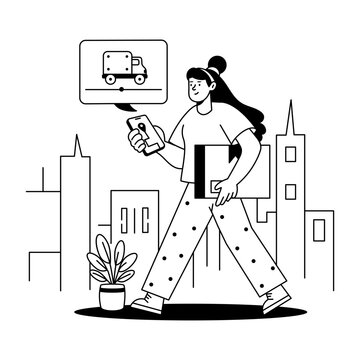 A courier carries a parcel and checks a phone while a delivery icon appears, illustrating shipment tracking, order status, and last-mile monitoring.