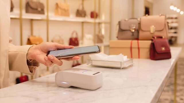 Contactless mobile payment in luxury boutique with designer handbags and modern technology
