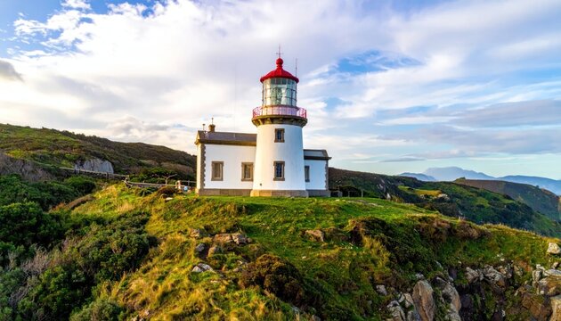 White lighthouse on a scenic grassy coastal cliff.