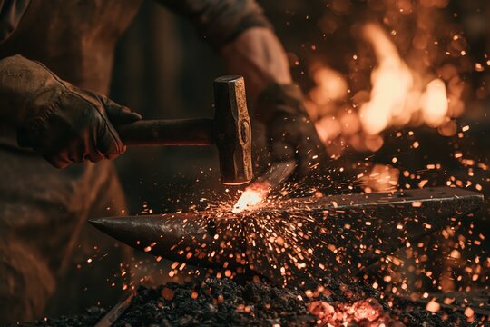 Blacksmith shaping glowing hot metal with a hammer on an anvil