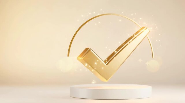 Golden check mark with sparkling light effects above white round podium on soft beige background