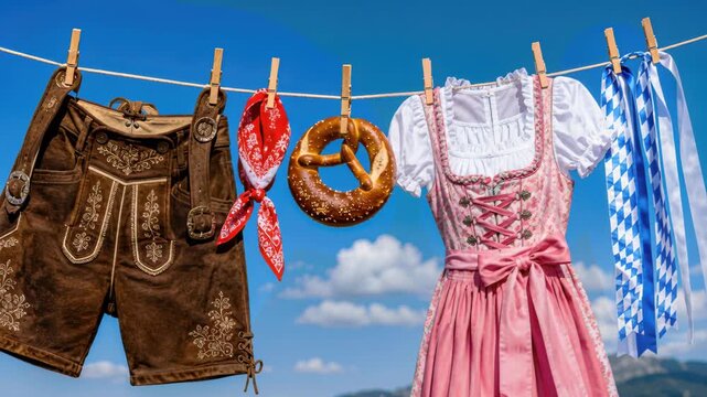 Lederhosen with pink dirndl hanging beside a pretzel on a clothesline, oktoberfest outfit display, bavarian tracht with neckerchief
