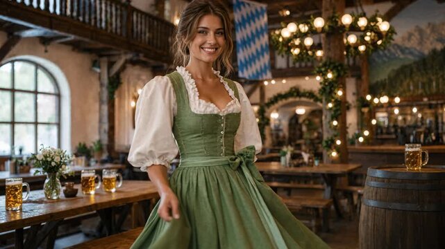 Woman in green dirndl with white blouse at a wooden bar, oktoberfest tracht fashion, traditional bavarian dress with apron