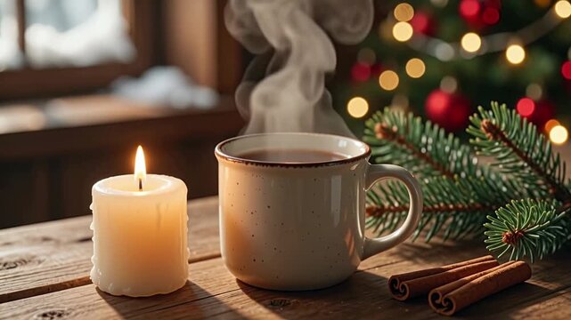 Steam rising gently from warm mug on wooden table beside glowing christmas candle