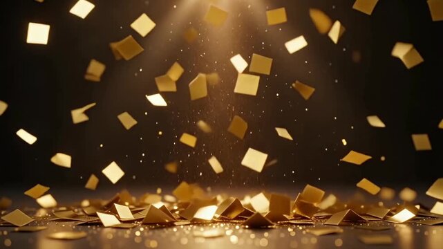 Golden confetti pieces falling slowly in slow motion against dark elegant background