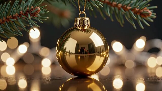 Golden christmas ball ornament rotating slowly hanging on pine branch with fairy lights