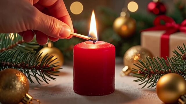 Red christmas candle being lit with match flame catching and growing steadily warm glow