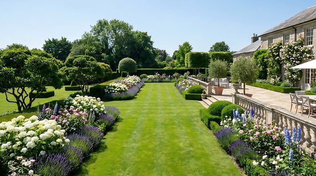 Beautiful english country garden with a large green lawn flowers and a stone patio on a sunny day. garten im sommer