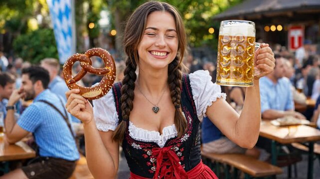 Woman lifting a beer mug beside a salted pretzel at oktoberfest, braided hair with traditional dirndl, bavarian beer tent celebration