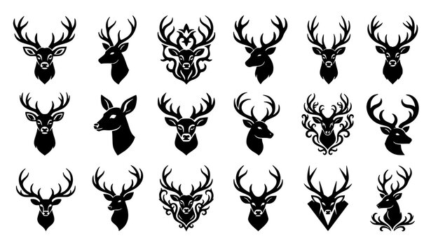 Deer head silhouette icon set with antlers in realistic, decorative and geometric polygon styles, solid black vector illustrations