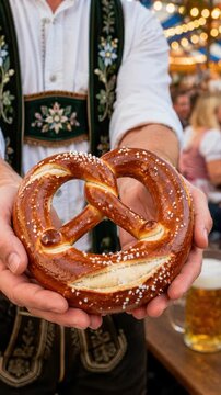 Salted brezn offered in two hands by a man in embroidered waistcoat, oktoberfest snack service, bavarian pretzel with traditional festival clothing