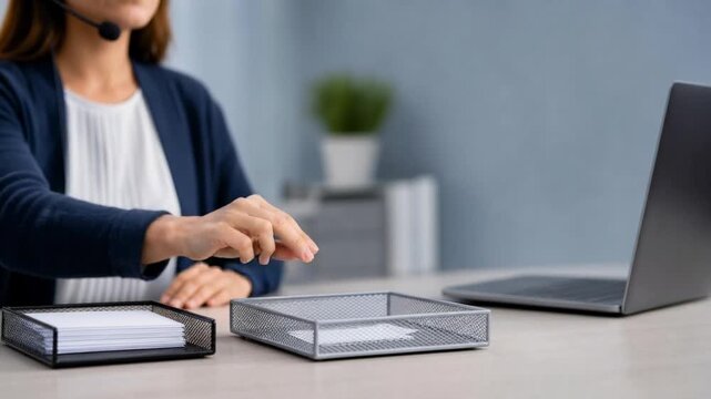 Customer service representative holding blank business card with laptop and office supplies on desk