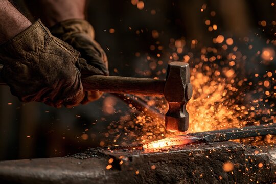 Blacksmith shaping glowing metal with a hammer on an anvil, sparks flying