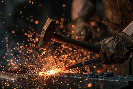 Blacksmith shaping glowing metal with a hammer on an anvil, sparks flying