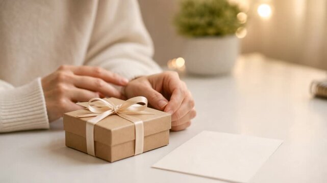 Person opening a small gift box with white ribbon on table with greeting card and blurred plant background