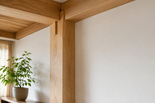 Light oak column with wooden joint and green plant, interior architecture concept
