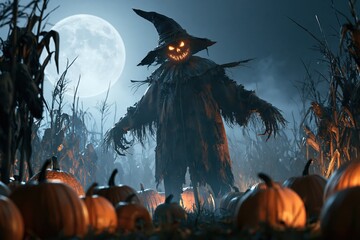 Fototapeta premium Terrifying scarecrow with glowing eyes stands in a pumpkin patch at night