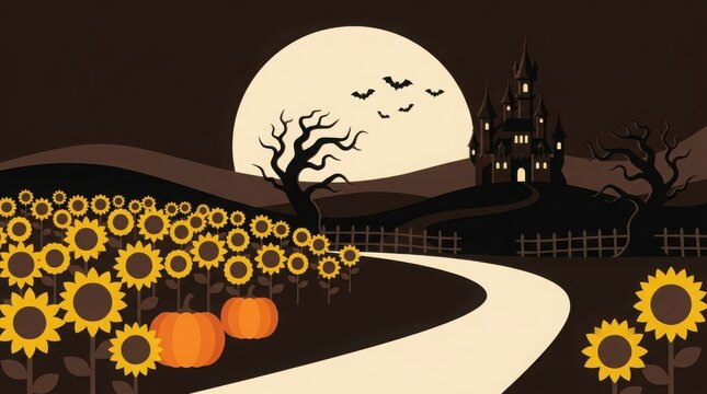 A spooky halloween night scene featuring a haunted house full moon winding path pumpkins and silhouetted bats in a dark and mysterious