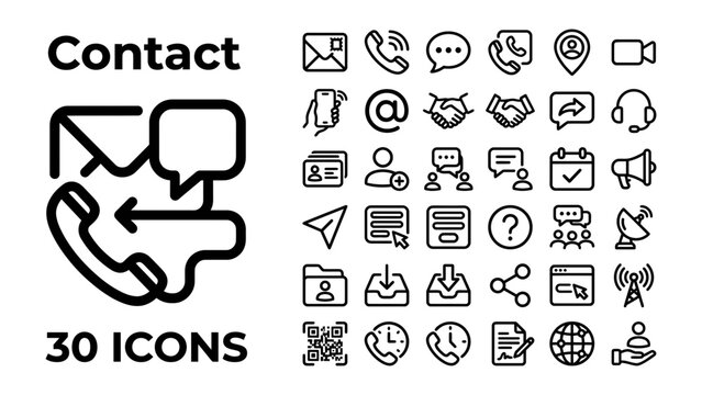 Contact Icons: A collection of 30 sleek, modern icons representing various communication and contact methods, perfect for digital interfaces and branding.