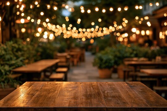 Wooden table in front of a blurred outdoor seating area illuminated by string lights