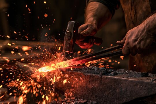 Blacksmith shaping glowing hot metal with hammer and anvil sparks flying