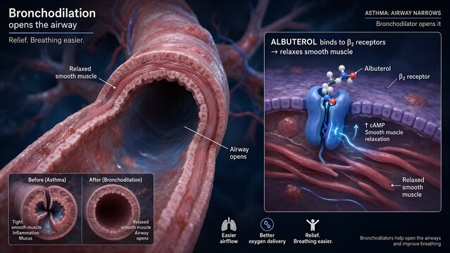 Human respiratory system concept featuring a widening bronchiole and a scientific inset detailing a bronchodilator relaxing airway smooth muscle via beta-2 receptor binding