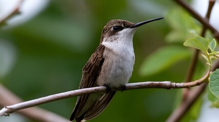 Obraz premium A small hummingbird perches calmly on a slender branch surrounded by soft green foliage in natural daylight