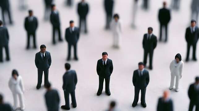 Miniature business figures in suits stand in a shallow depth of field  emphasizing individuality within a corporate crowd